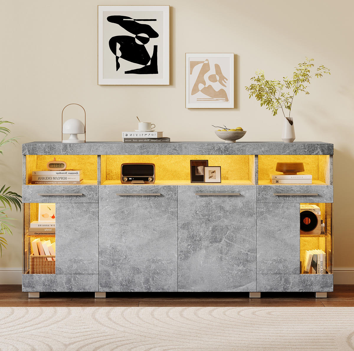 SIDEBOARD 140/40/70 cm in Zementgrau mit LED-Beleuchtung und Glastüren - Grau, Holzwerkstoff (140/70/40cm) - Flora Grace