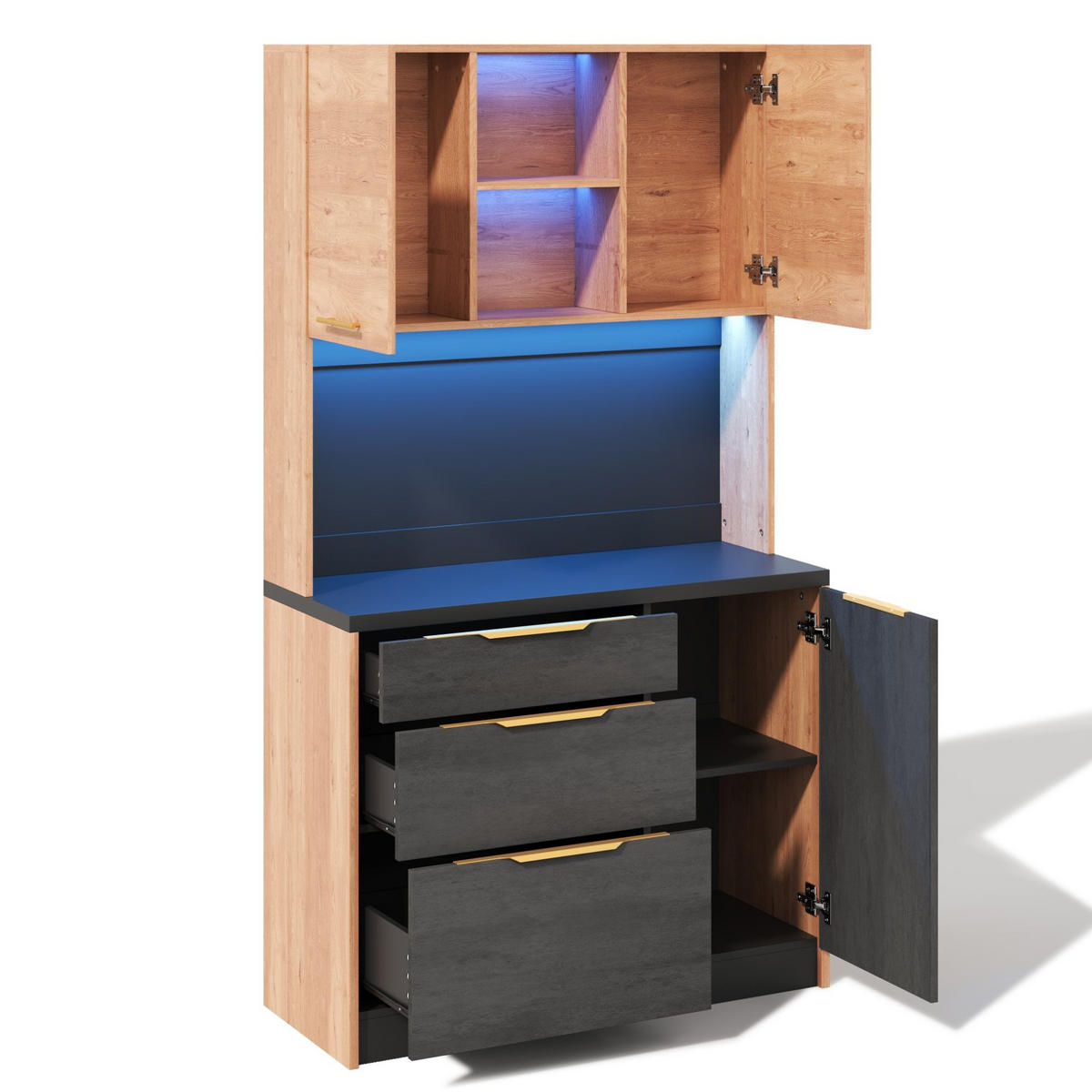 BUFFET aus MDF 100x40x180 cm Neutral mit LED-Beleuchtung, Steckdose und viel Stauraum - Naturfarben, Holzwerkstoff (100/180/40cm) - Modfu