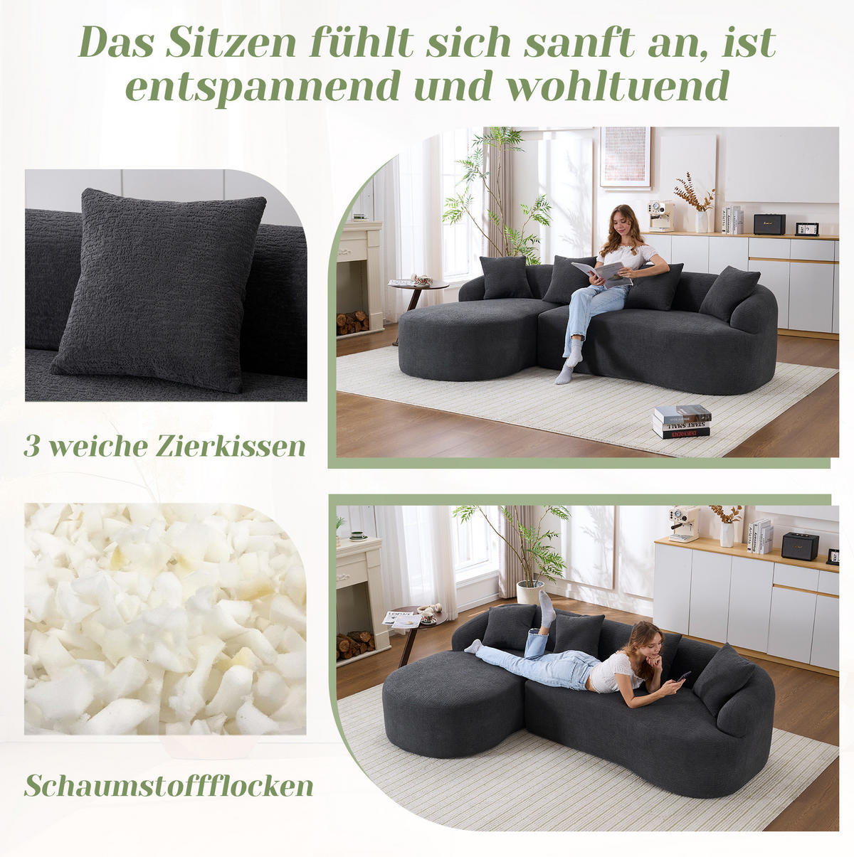 SOFA 3-Sitzer bogenförmig Chenille Dark Grey - Dunkelgrau, Textil (150/243cm) - Meubliv