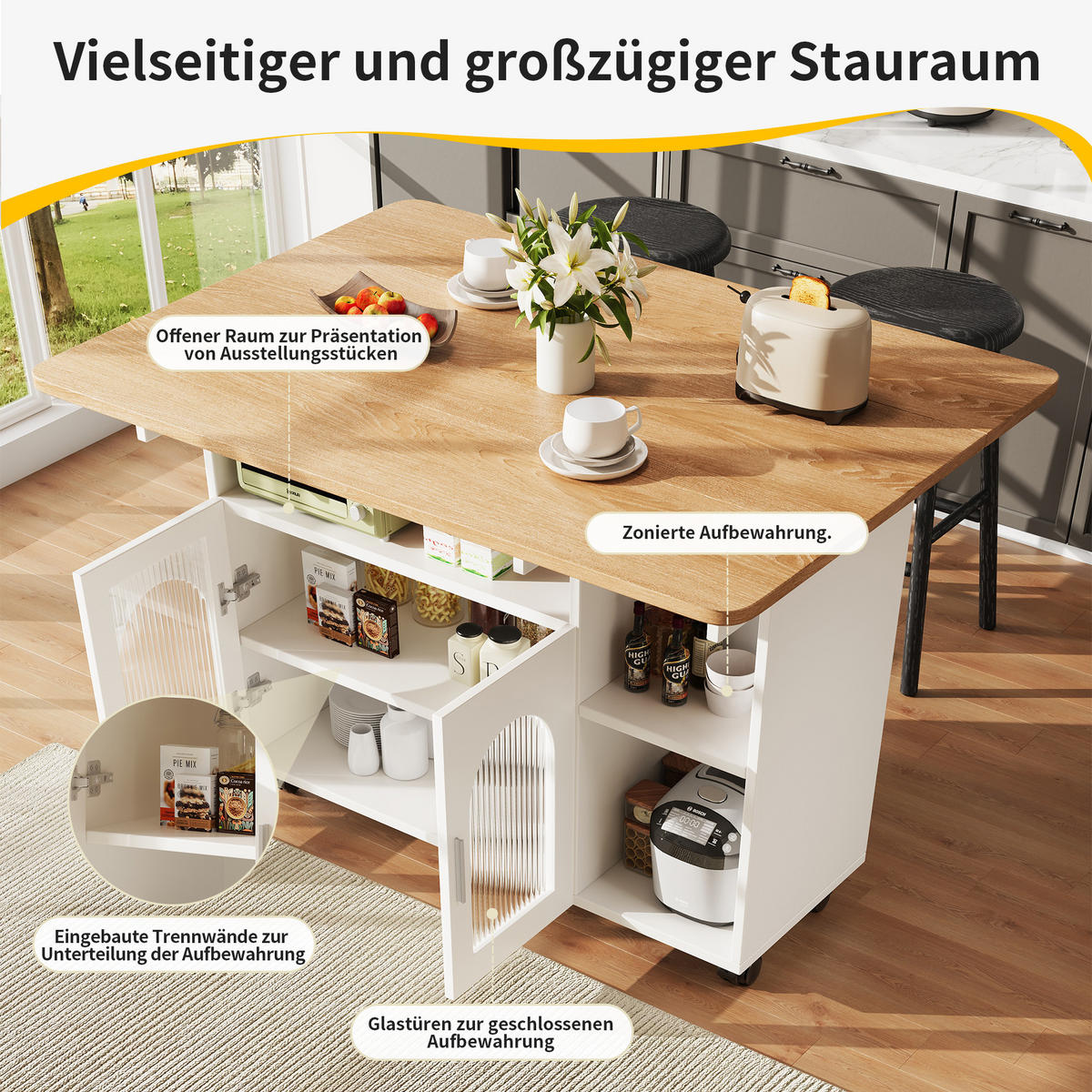 KÜCHENINSEL 120x70x79.5cm Weiß mit Klappplatte, Ablageflächen, Schränken & 5 Rollen - Weiß, Holzwerkstoff (120/79.5/70cm) - Modfu