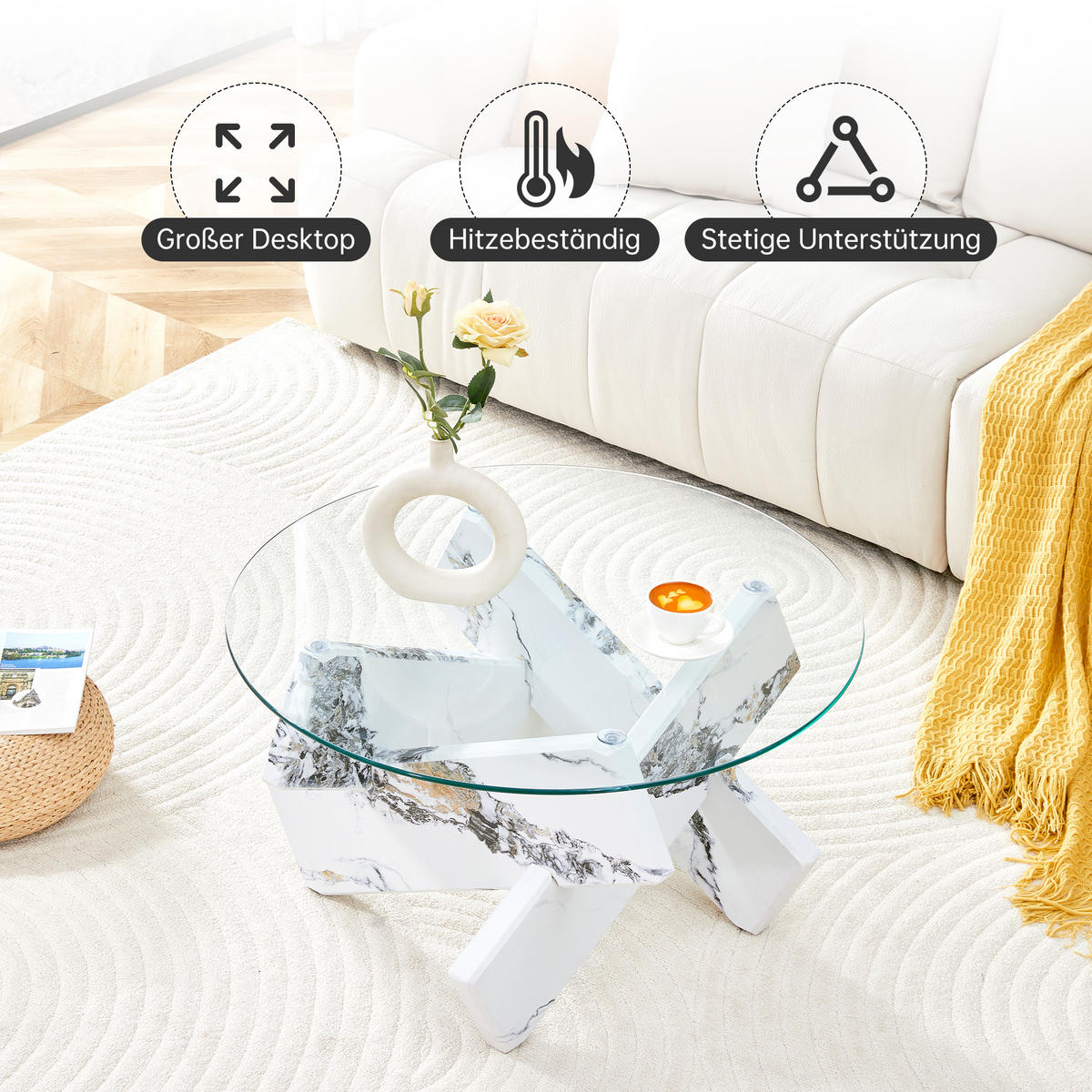 COUCHTISCH 79 cm mit Glasoberfläche und MDF-Stützbeinen in Weiß-Marmor-Design - Klar, Holzwerkstoff (79/79/45cm) - OKWISH