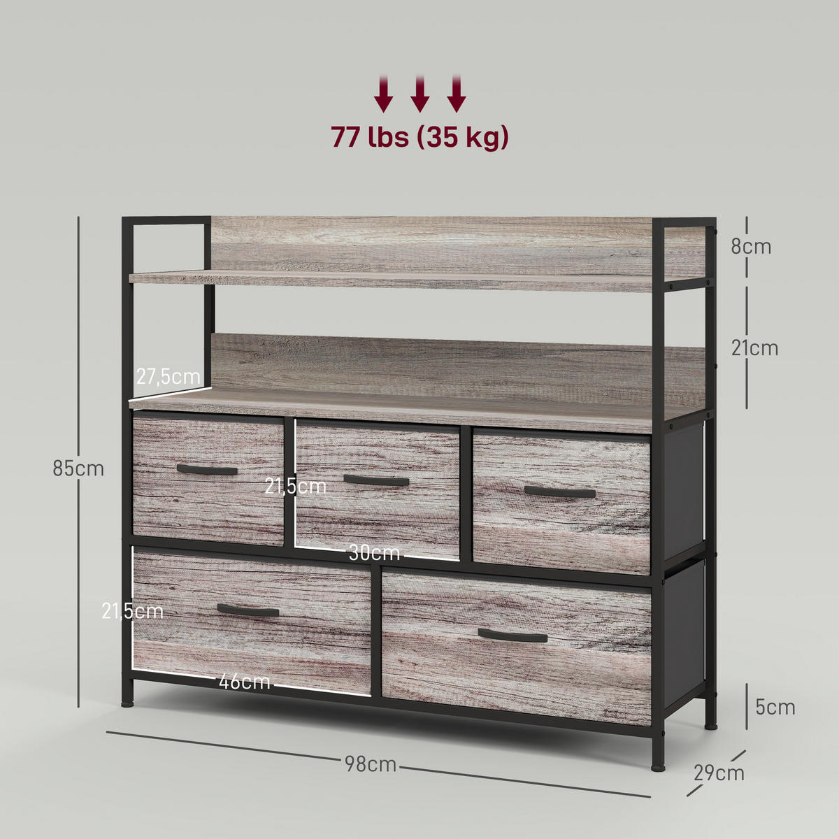 KOMMODE mit 5 Schubladen aus Stoff, Grau - Grau, Textil (98/85/29cm) - HOMCOM