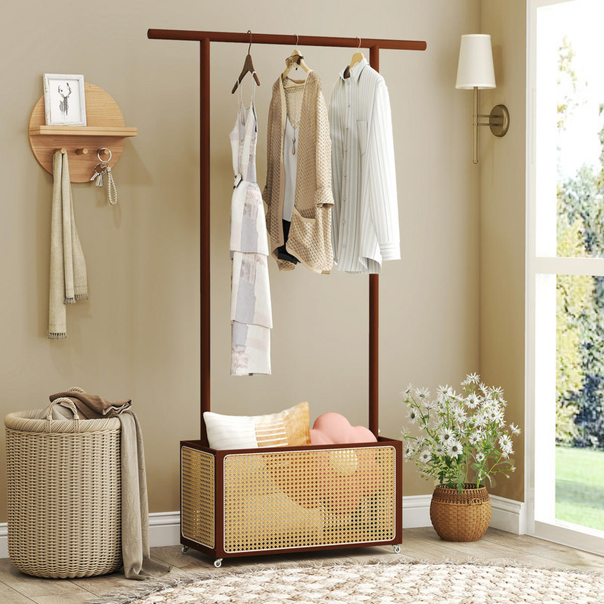 GARDEROBENSTÄNDER mit PE-Rattan-Aufbewahrungskorb braun - Braun, Naturmaterialien (100/172/32.5cm) - COSTWAY