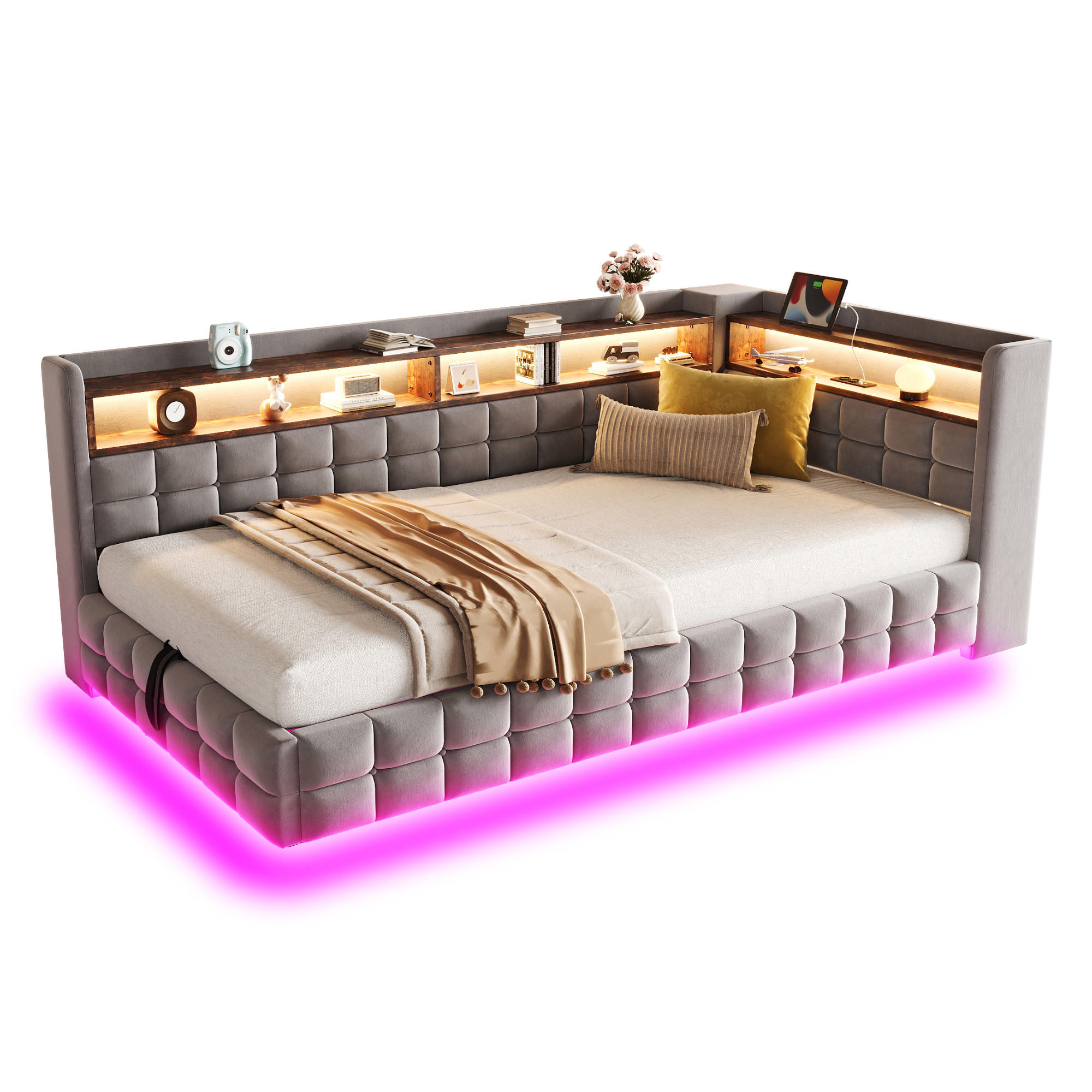 POLSTERBETT 90x200cm Schlafsofa LED Stauraum USB Samt Grau - Hellgrau, Textil (90/200cm) - FLIEKS