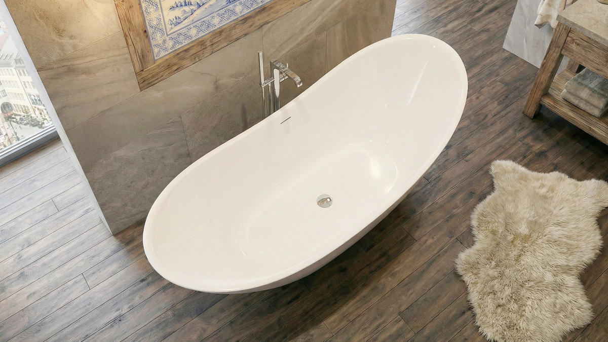 BADEWANNE ivar freistehend 180x80 cm, Set mit Klick-Klack-Ablauf - Weiß, Kunststoff (80/76/180cm) - bad land