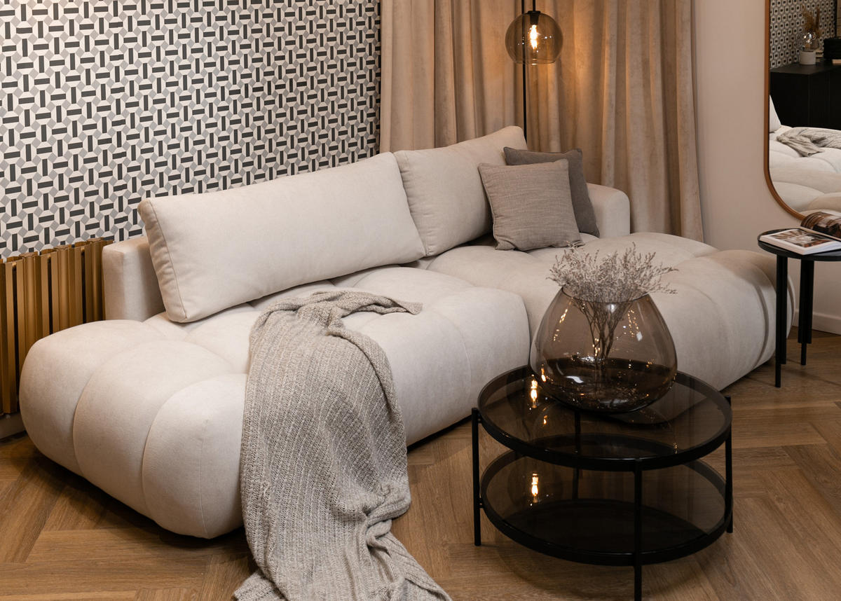 ECKSOFA Ombo Cremeweiß Chenille 280 cm - Creme/Schwarz, Kunststoff/Textil (284/167cm) - Selsey