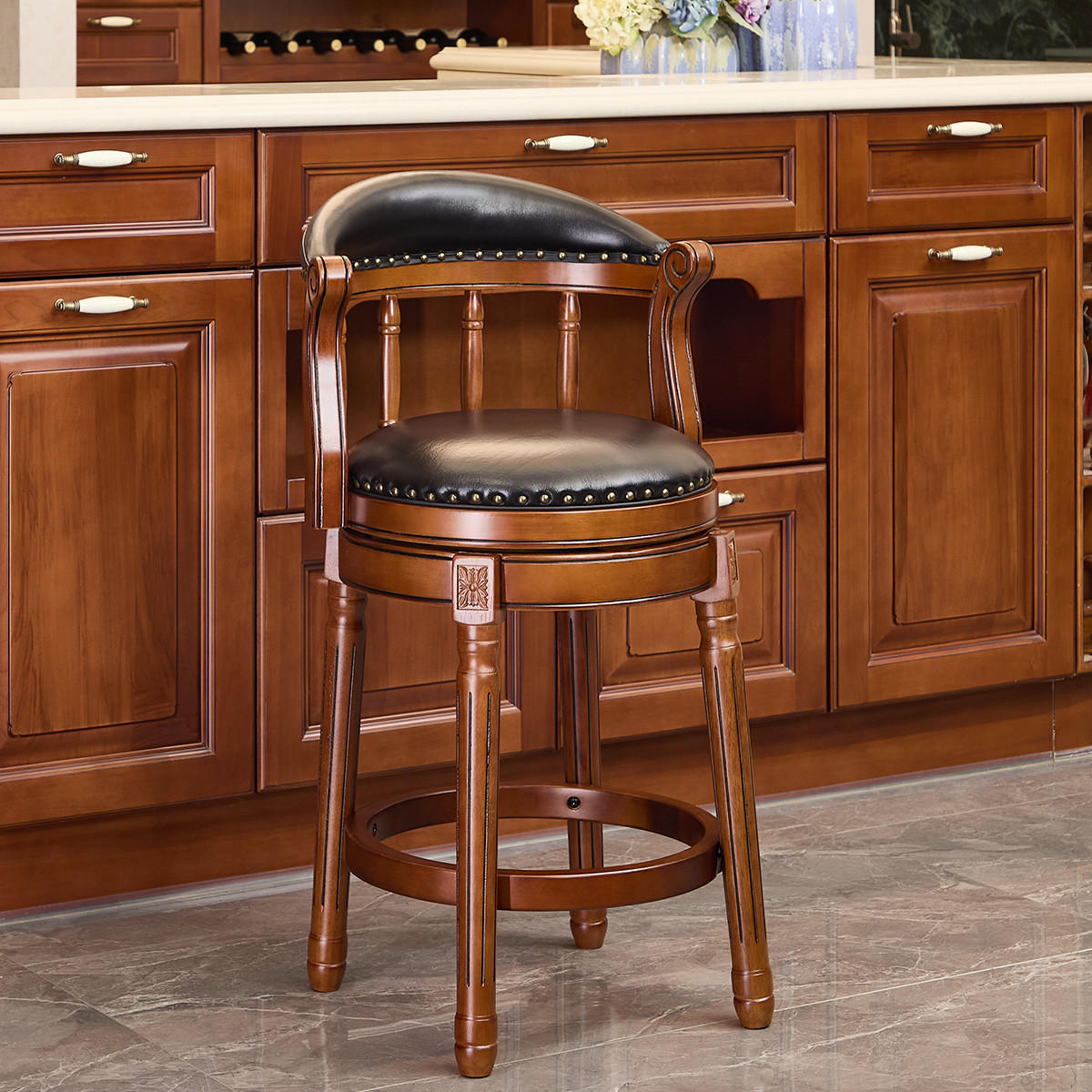 BARHOCKER DE-36417 mit 360°-Drehung und Echtlederbezug Schwarz - Schwarz, Holz (54.8/86/54.8cm) - ComfortXL