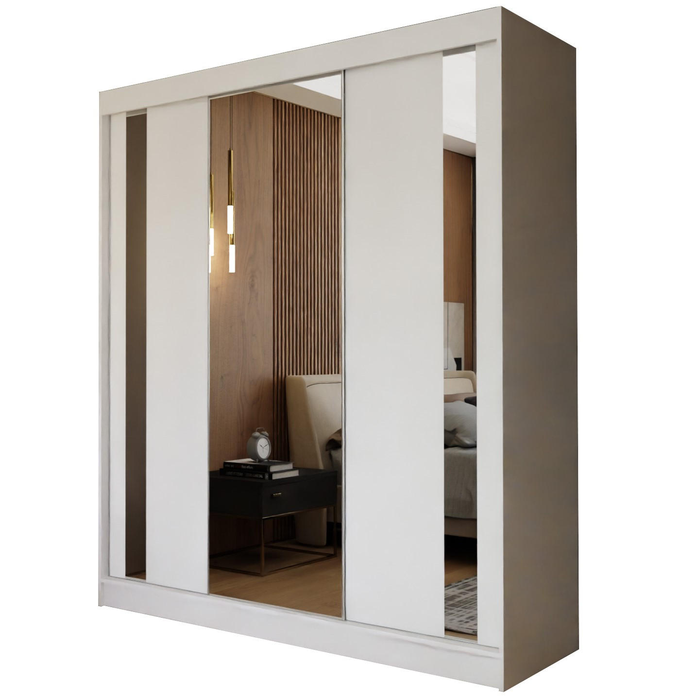 SCHWEBETÜRENSCHRANK GRAZIA 180/216/61 cm 3-türig mit Spiegel Weiß - Weiß, Holzwerkstoff (180/216/61cm) - MASSENO