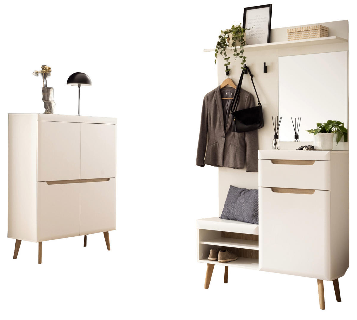 GARDEROBEN-SET 2-teilig weiß matt, Scandi Eiche, Garderobenkombination skandinavisch - Eichefarben/Weiß, Glas/Holz (237/200/40cm) - Furn.Design