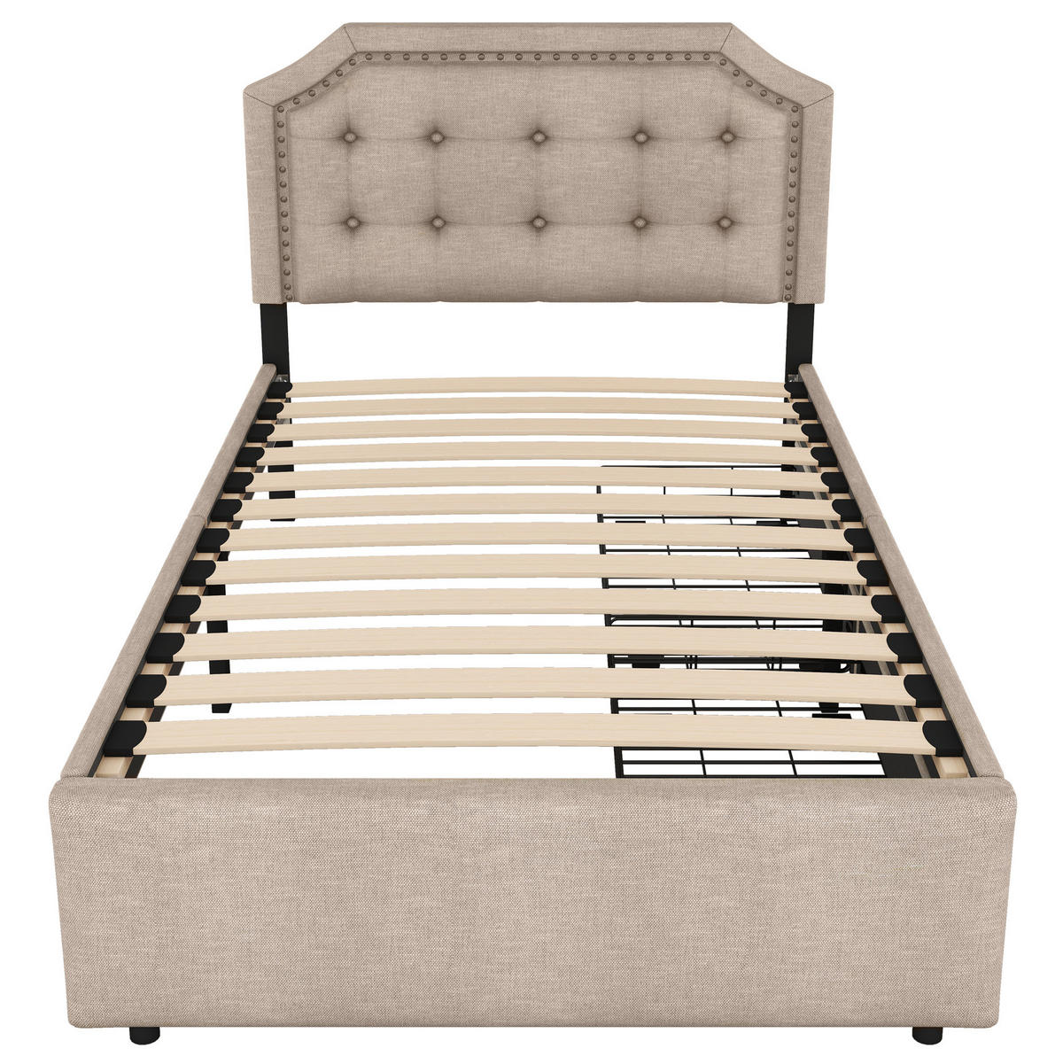 POLSTERBETT 90/200 cm aus Leinen und MDF mit 2 Schubladen und höhenverstellbarem Kopfteil, Dunkelbeige - Beige, Holzwerkstoff (90/200cm) - Redom