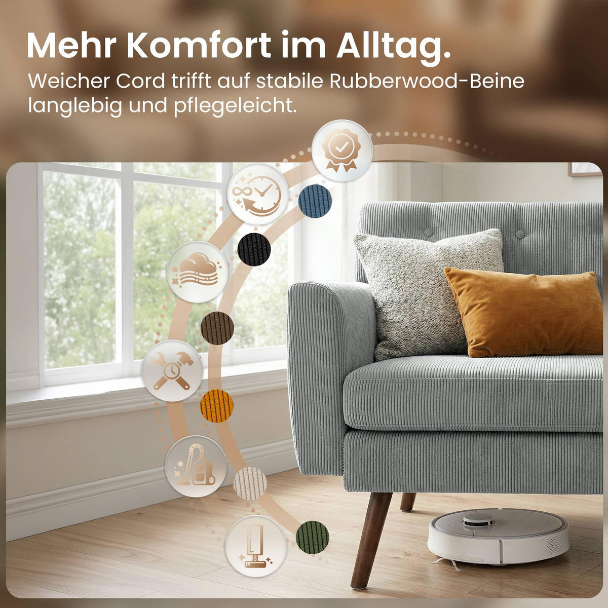 SOFA 120/74 cm Cord Grau - Braun/Grau, Holz/Textil (120/81/74cm) - CLP