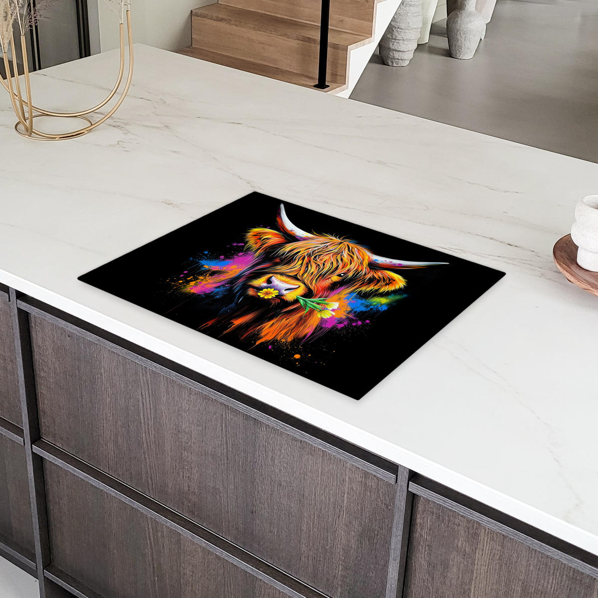HERDABDECKPLATTE Schottischer Highlander - Graffiti - Bunt - Blume - Tiere Herdabdeckung Induktionsfeld 70x52 cm - Multicolor, Kunststoff (70/52/0.2cm) - MuchoWow