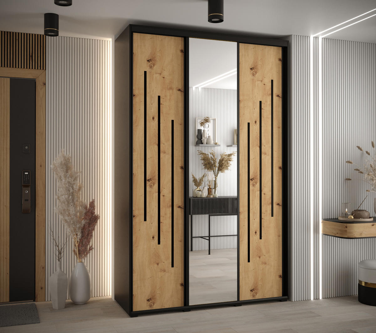 SCHWEBETÜRENSCHRANK 235,2/160/60 3-türig - Schwarz/Eiche Artisan, Holz/Metall (160/235/60cm) - Abiks Möbel