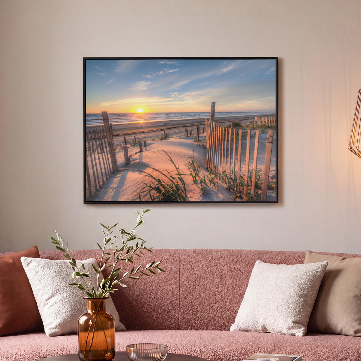 LEINWAND Bilder mit Rahmen - Strand - Meer - Düne - Sonnenuntergang - Landschaft - 70x50 - Beige, Textil (70/50cm) - MuchoWow
