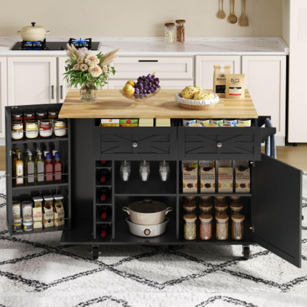 KÜCHENINSEL Schwarz aus MDF mit klappbarer Erweiterungsplatte und Laufrollen 120 × 45(70) × 89 cm - Schwarz, Holzwerkstoff (120/89/70cm) - Luhomfu