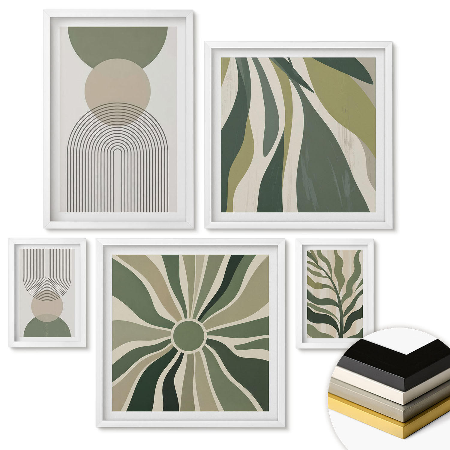 WANDBILDER 5er-Set - 50x50 cm & 20x30 cm & 40x60 cm Weißer Rahmen - Bemalte Blätter mit Grün - Weiß, Kunststoff (40/60cm) - ArtPrintCave