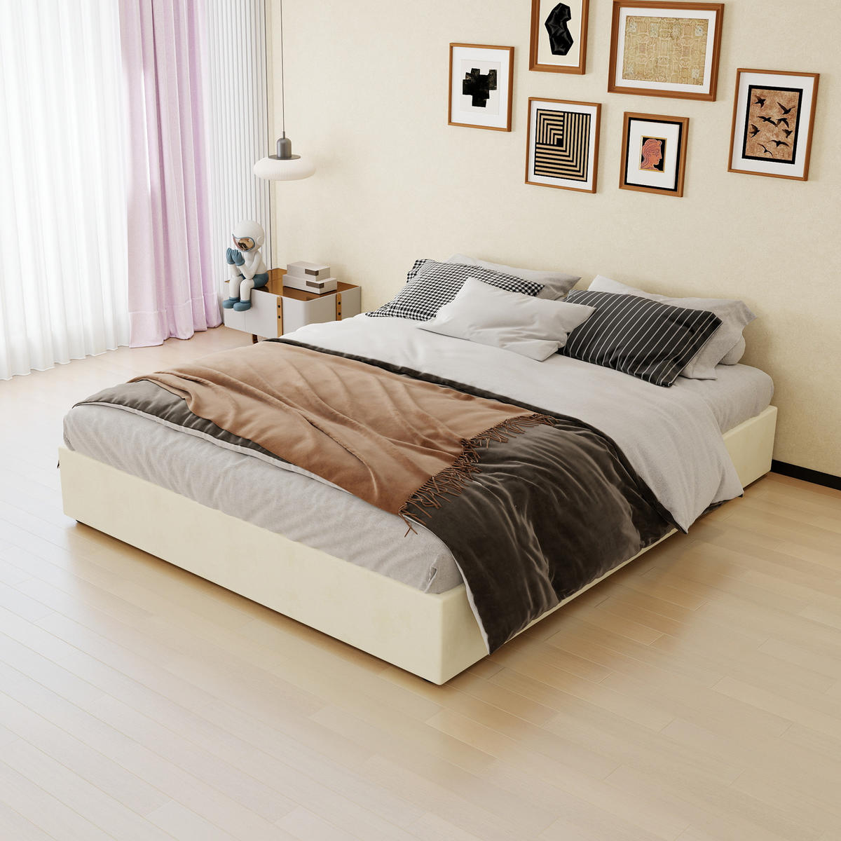 POLSTERBETT 160/200 mit Gasdruckfedern und Samtbezug in Beige - Beige, Holz/Holzwerkstoff (160/200cm) - EVRYAE