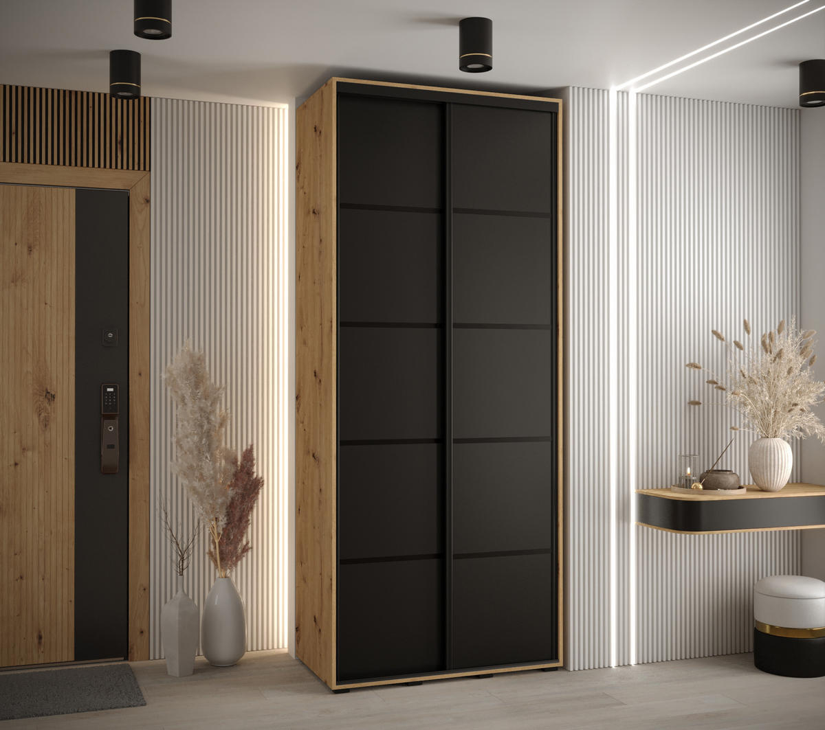 SCHWEBETÜRENSCHRANK 235,2/120/45 2-türig - Schwarz/Eiche Artisan, Holz/Metall (120/235/45cm) - Abiks Möbel