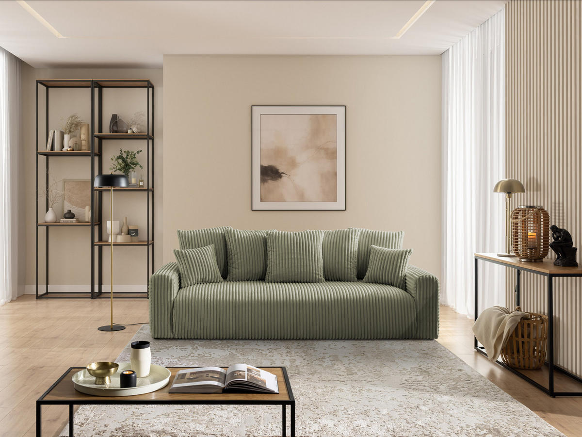 SCHLAFSOFA Calma mit Bettkasten im Bumpy-Design aus weichem Olive Plüschcord - Schwarz/Olivgrün, Holz/Kunststoff (239/88/98cm) - S-Style