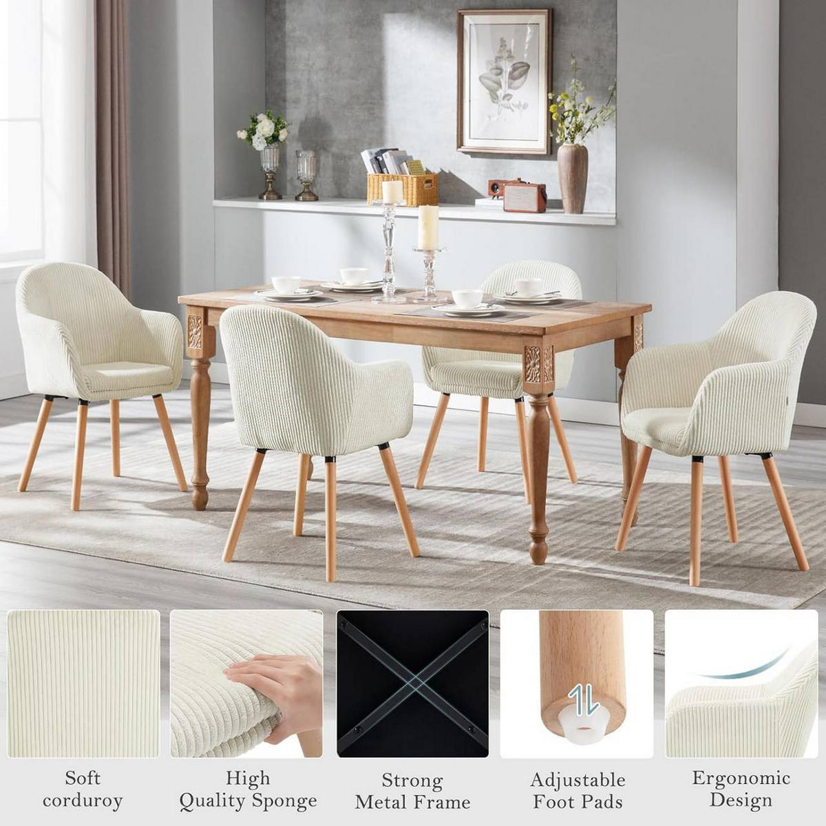 ESSZIMMERSTUHL 2er Set Polsterstuhl, Cord, Holzbeine, Creme - Eichefarben/Creme, Holz/Kunststoff (55.5/83.5/56.5cm) - Woltu