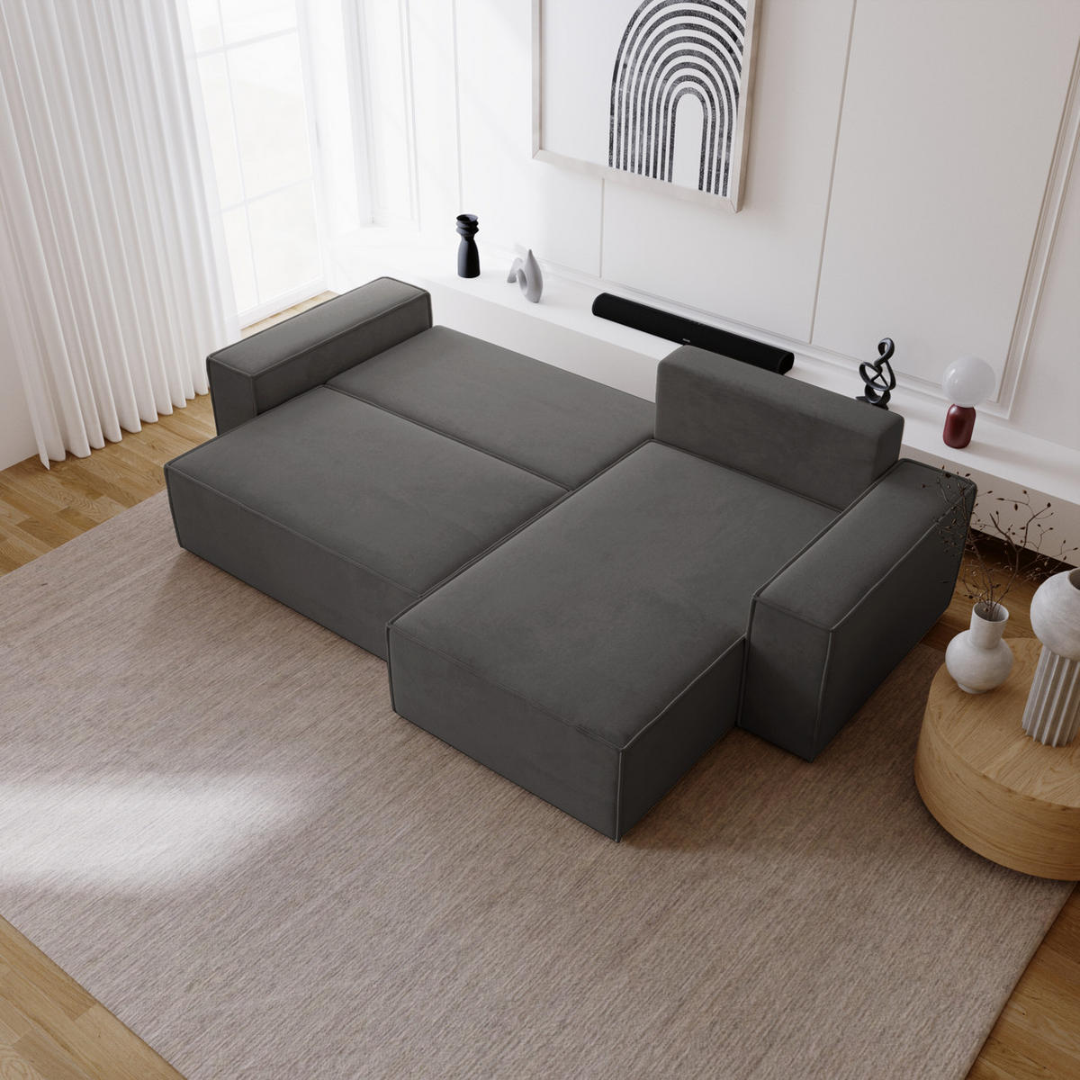 ECKSOFA mit Schlaffunktion Bergamo L 280 cm, Samt, Rechts - Dunkelgrau - Dunkelgrau, Holz (189/277cm) - Emporius
