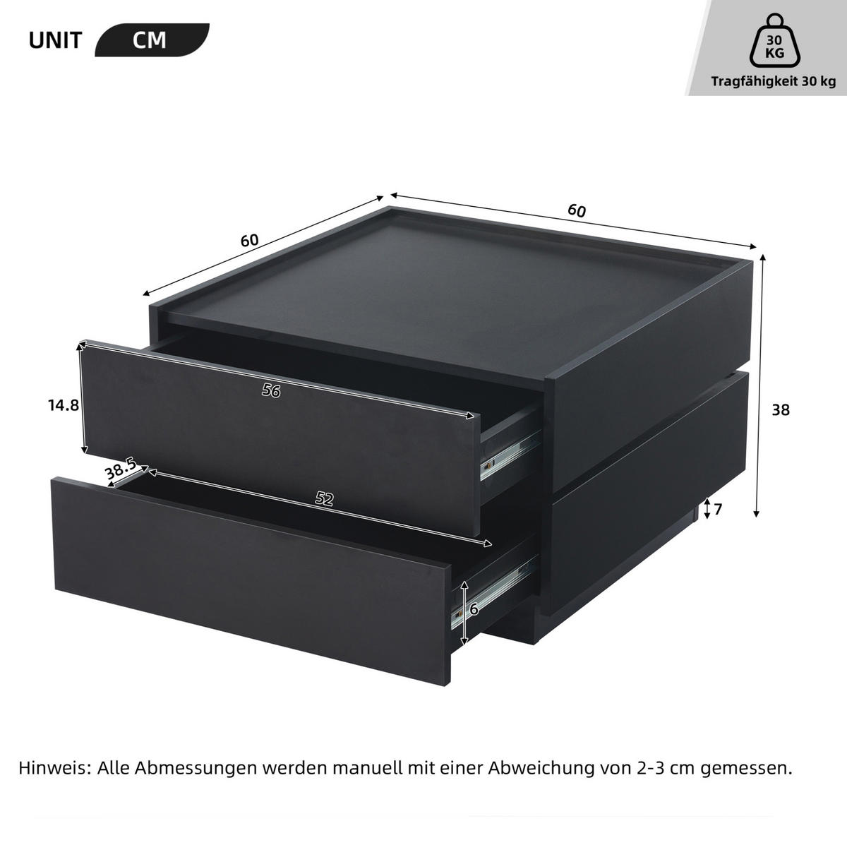 KONFERENČNÍ stolek 60/60/38 cm černý z dřevotřísky s otočnou deskou a úložným prostorem - černá, kompozitní dřevo (60/60/38cm) - OKWISH