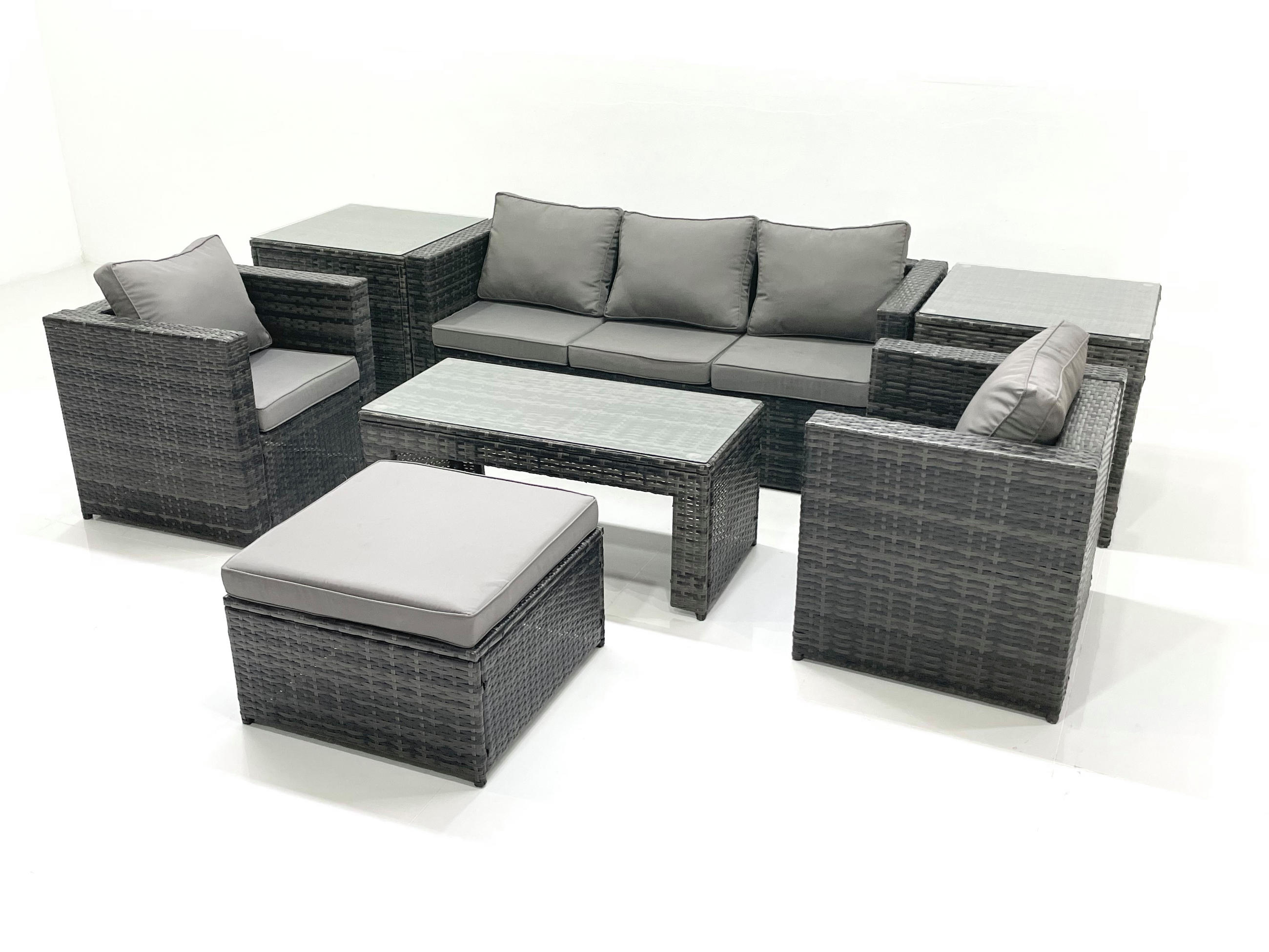 GARTENMÖBEL-SET COUCHTISCH SESSEL SOFA mit HOCKER Polyrattan Dunkelgrau Gemischt 6-Sitzer - Dunkelgrau/Grau, Glas/Kunststoff - Fimous