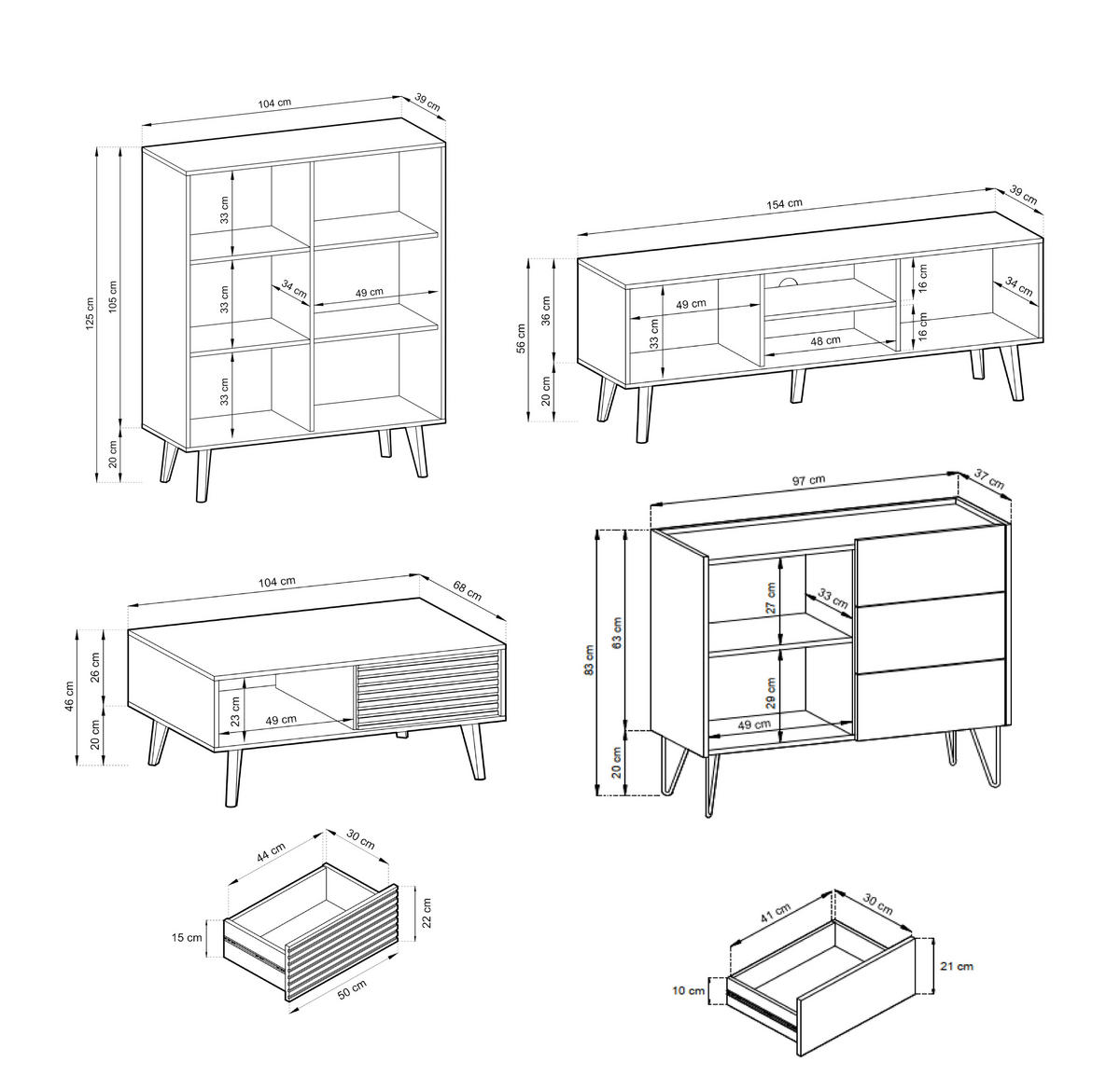 WOHNWAND Saskatoon 1, 4-er Set, Front MDF 18 mm Eiche Handwerker Schwarz - Schwarz, Glas/Holz (516/125/39cm) - Komodee