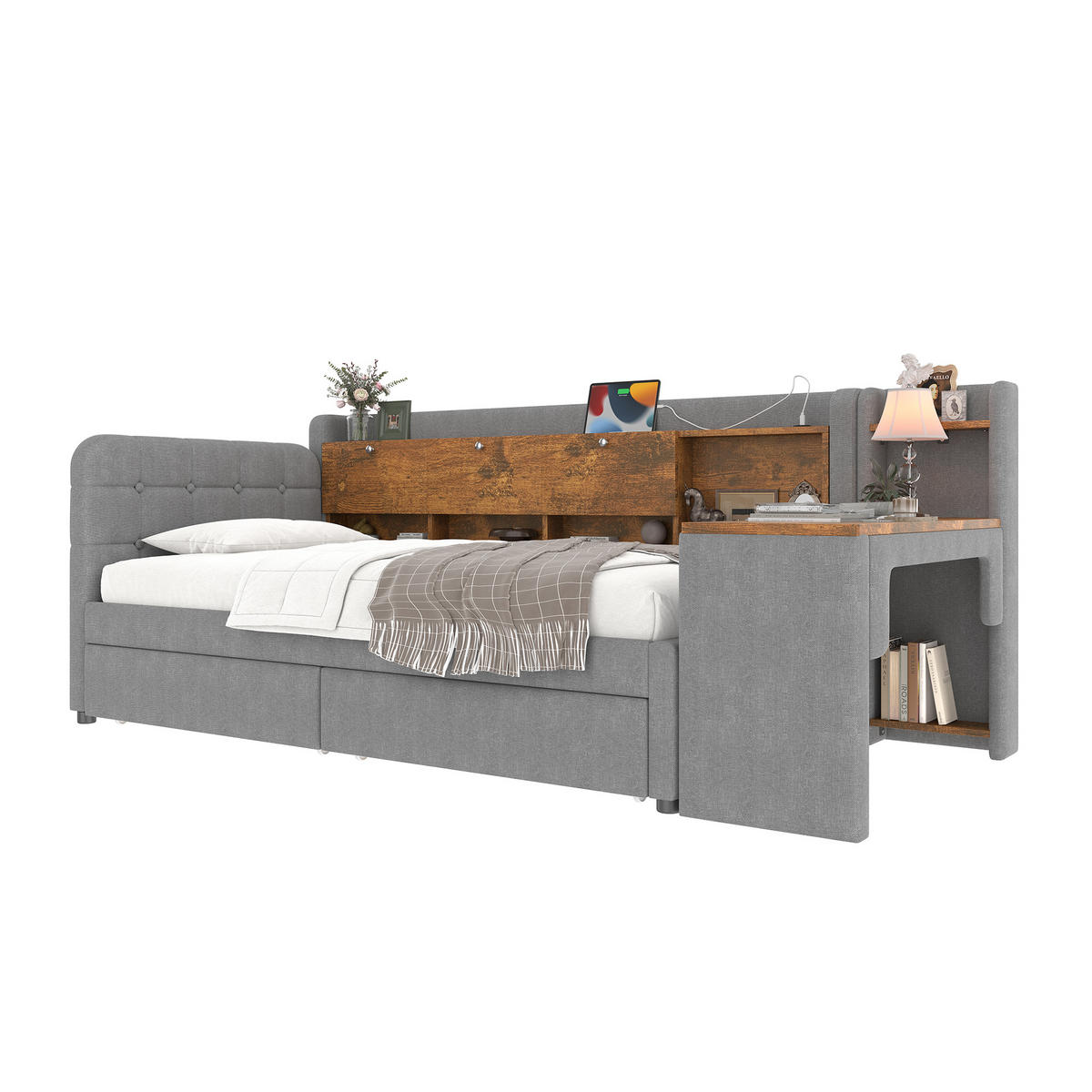 POLSTERBETT aus Leinen & MDF 90x200 cm in Grau mit Schreibtisch & 2 Schubladen - Grau, Textil (90/200cm) - Modfu