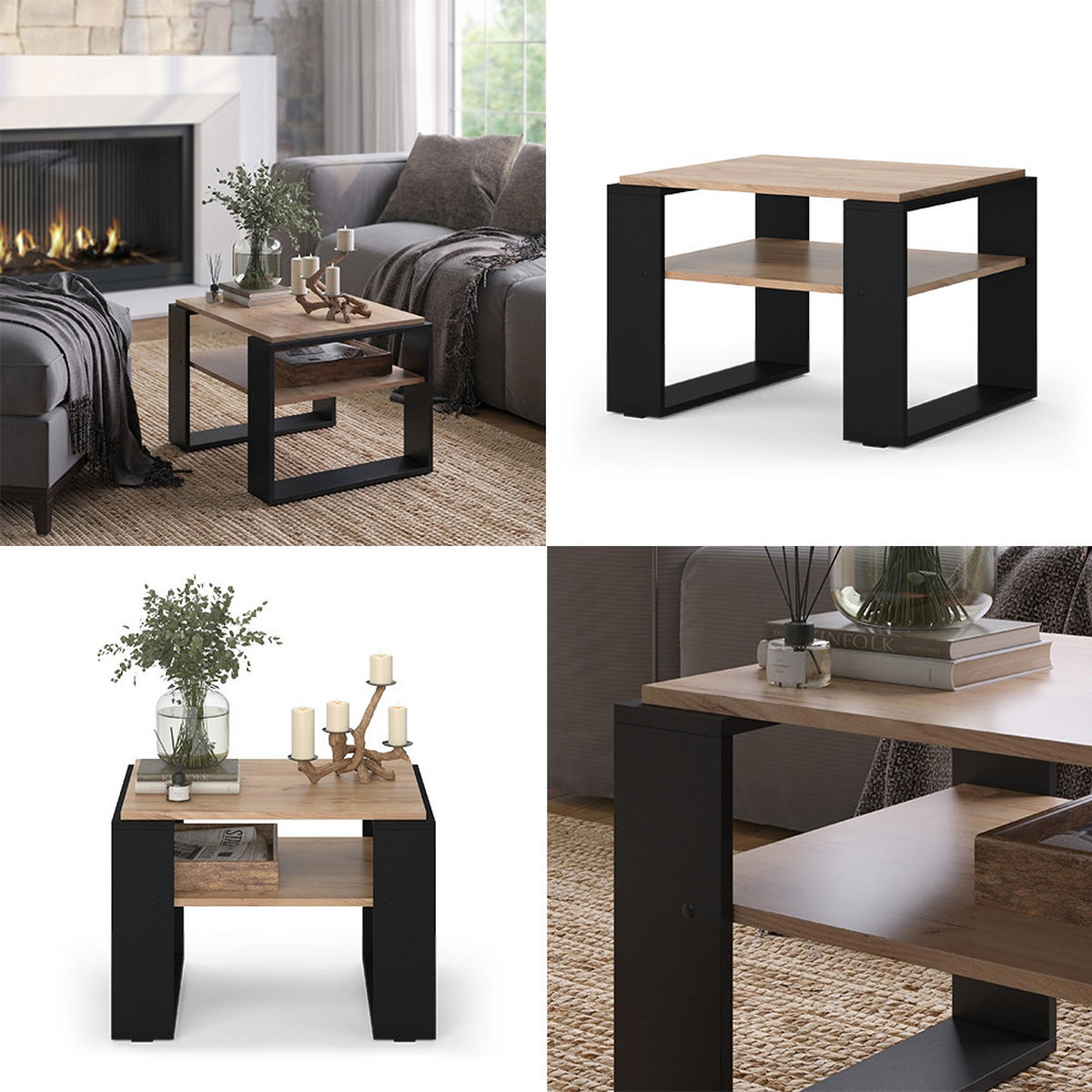 COUCHTISCH Helm Goldkraft Eiche 65.6 x 55,8 cm mit Ablage - Honigeiche/Schwarz, Holzwerkstoff (55.8/65.6/46.2cm) - Vicco