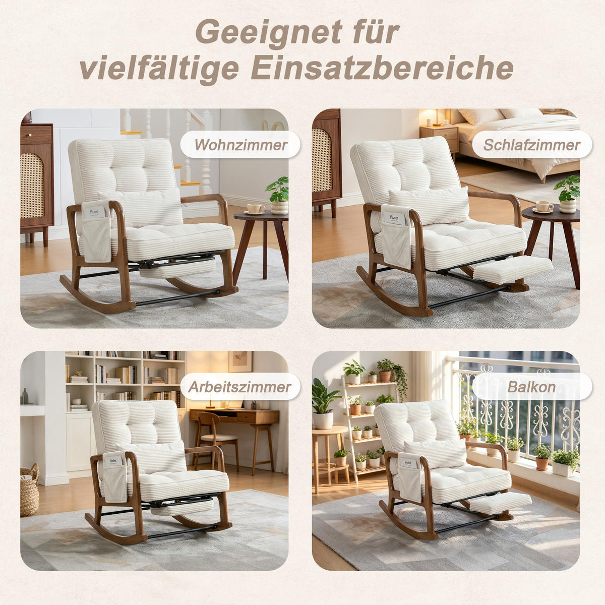 SCHAUKELSTUHL Beige Cord mit Fußstütze, Seitentaschen und verstellbarer Lehne - Beige, Textil (80/92/70cm) - Oxeza