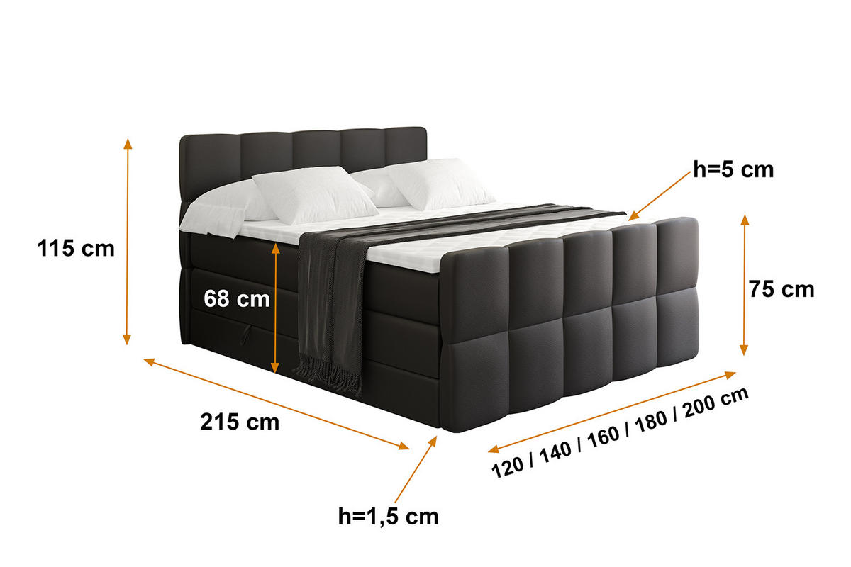 BOXSPRINGBETT mit Matratze und Lattenrost - LIRO-Z KING-120x200 - Schwarz Kunstleder - Schwarz, Holzwerkstoff (120/200cm) - ALTDECOR