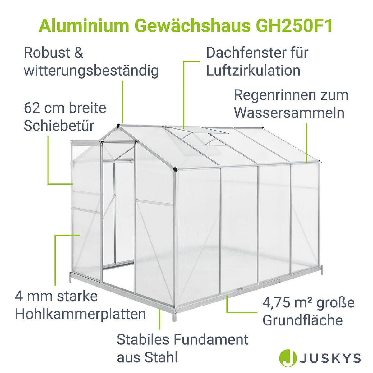 GEWÄCHSHAUS GH250F1 Aluminium 4,75m² - Silberfarben, Metall (190/195/253cm) - Juskys