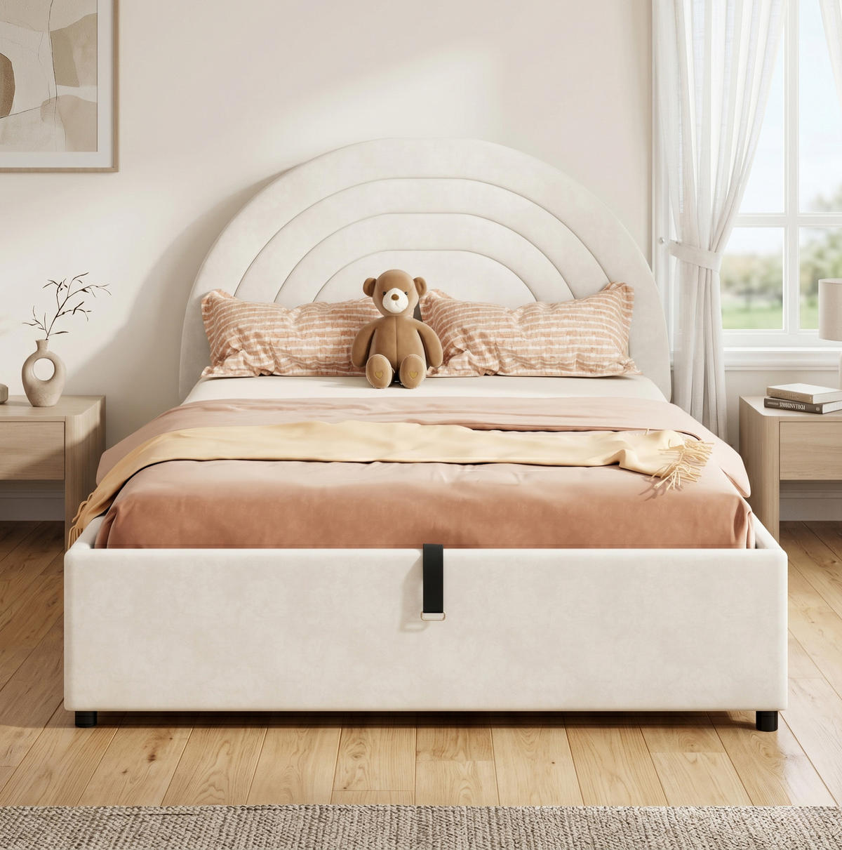 ČALOUNĚNÁ postel 140/190 cm béžová ze sametu s hydraulickým úložným prostorem - béžová, textil (140/190cm) - OKWISH