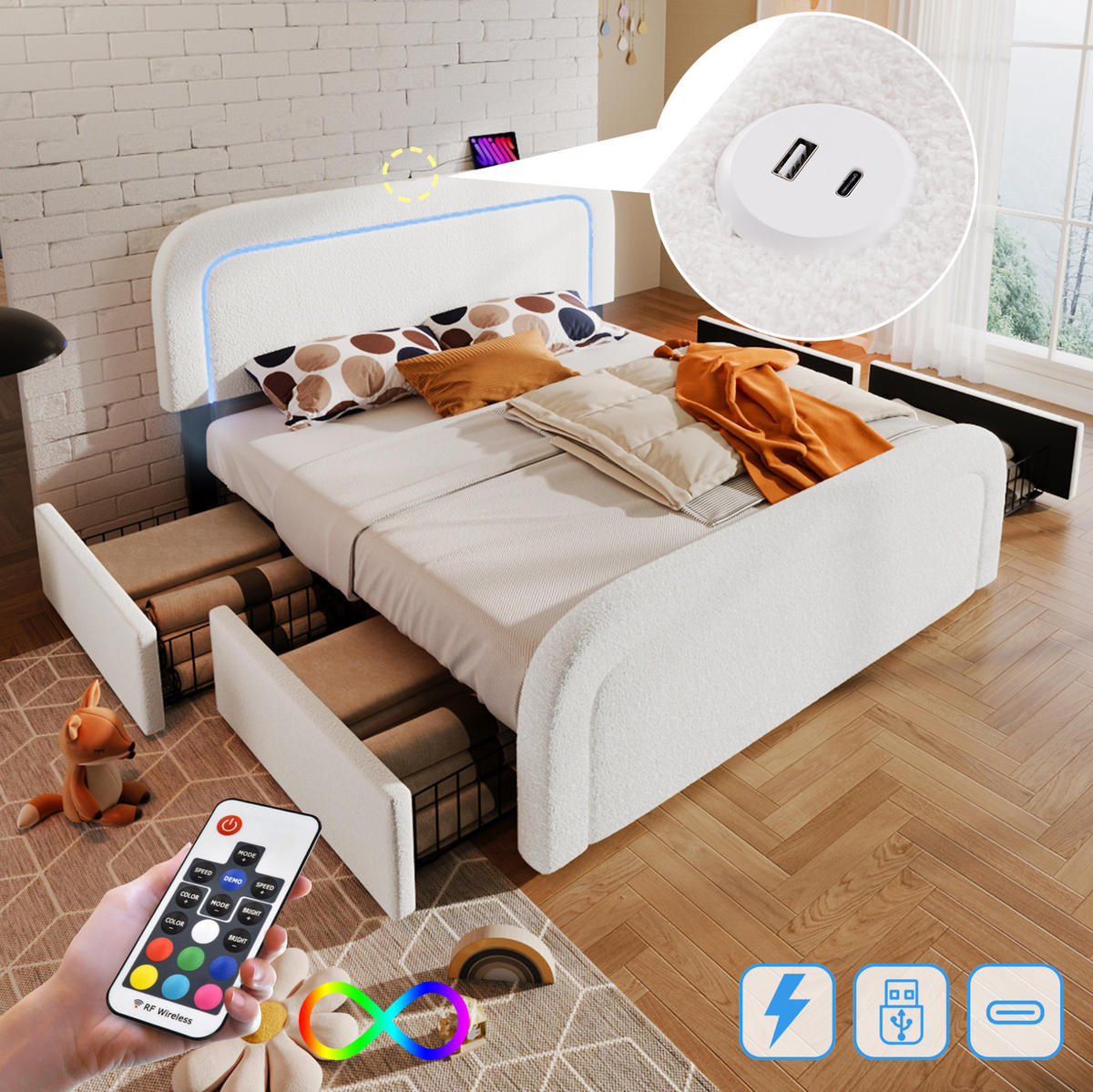 POLSTERBETT mit Matratze 140/200 cm aus Sherpa mit USB-C, LED und 4 Schubladen Weiß - Weiß, Fell (140/200cm) - Modenvie