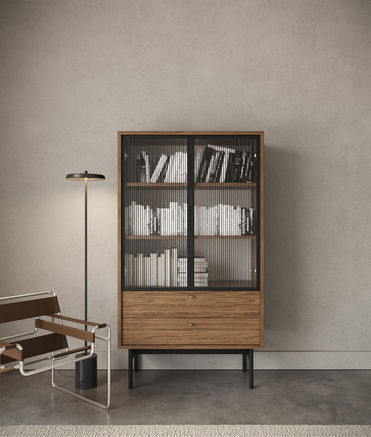 VITRINE Olar II Holzoptik Carini Nussbaum 85 cm - černá/zlatá, kov/kompozitní dřevo (85/150/41cm) - Selsey