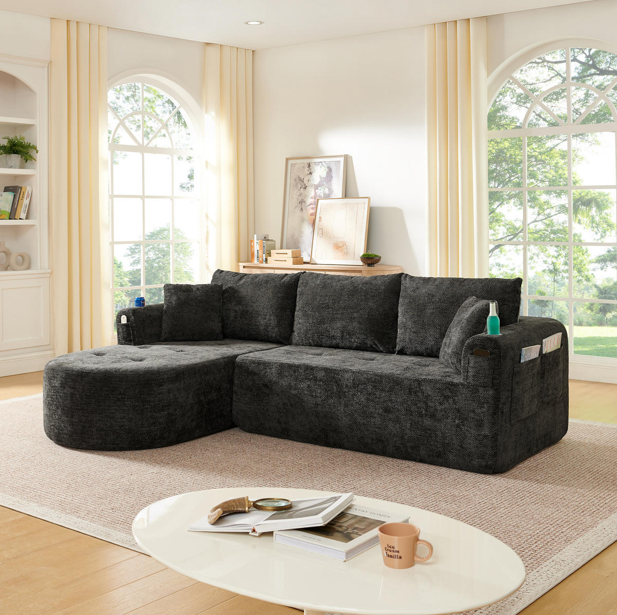 ECKSOFA L-Form montagefrei mit Edelstahl-Becherhalter, Seitentaschen und Leinenbezug, Schwarz - Schwarz, Textil (255/170cm) - Redom