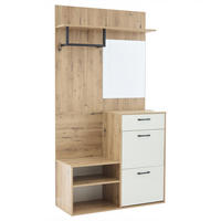 GARDEROBEN-SET 100 cm Weiß Hochglanz & Natur – Kompaktgarderobe mit Spiegel, Schuhbank & Klapptüren - Naturfarben, Holzwerkstoff (100/190/38.5cm) - Urban Meuble