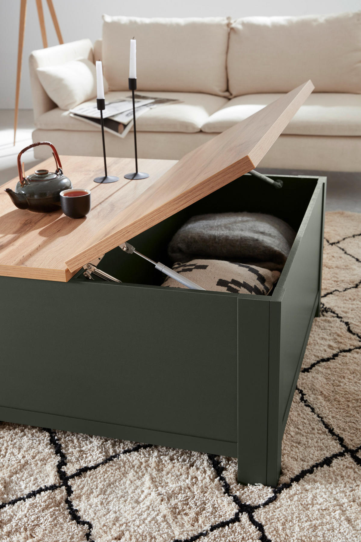 COUCHTISCH grün, Wotan Eiche Landhaus, Beistelltisch quadratisch mit Truhe - Dunkelgrün/Eiche Wotan, Holzwerkstoff (93/93/50cm) - Furn.Design