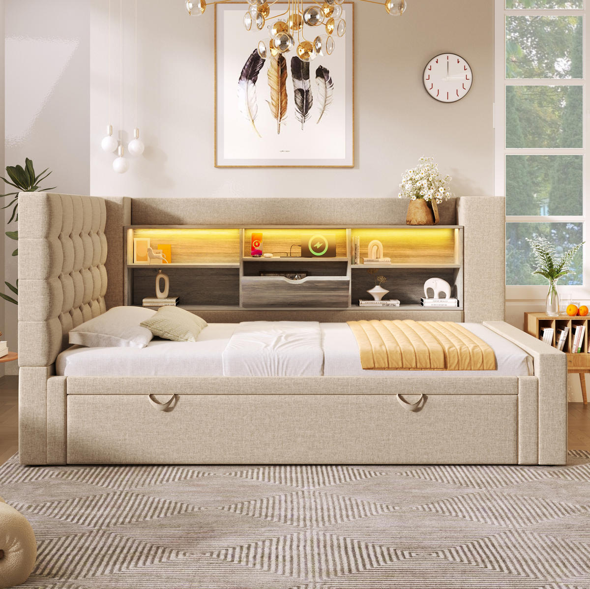 POLSTERBETT 90/180 x 200 cm Beige mit LED-Beleuchtung und USB- und Type-C-Anschlüssen - Beige, Textil (90/200cm) - Flora Grace