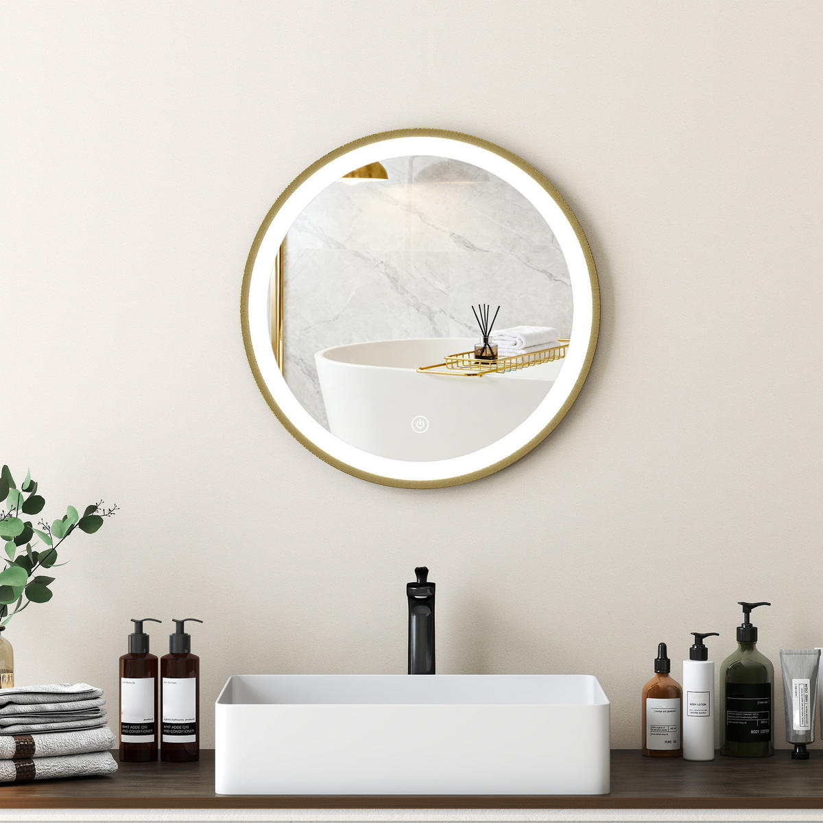 BADSPIEGEL, 3 Farbtemperaturen, dimmbar, goldfarben,Runder 40 cm - Goldfarben, Glas (40/40/3cm) - Vallsero