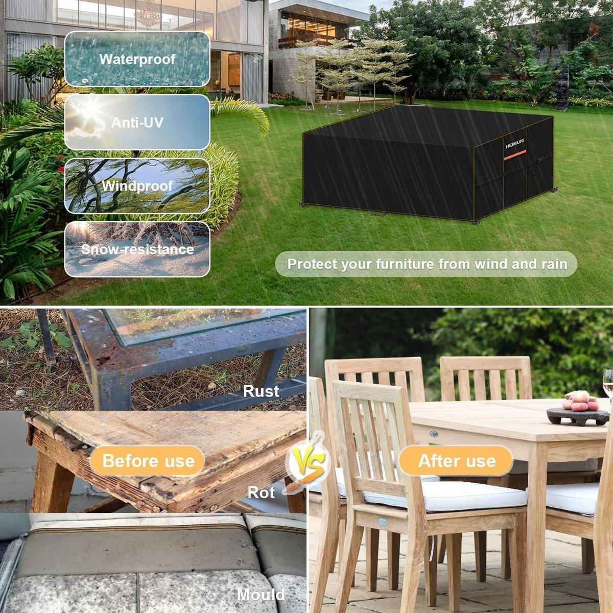 GARTENTISCH Abdeckung 150 x 100 x 75 cm Wasserdicht 420D Oxford Gewebe - Schwarz, Textil (100/75/150cm)