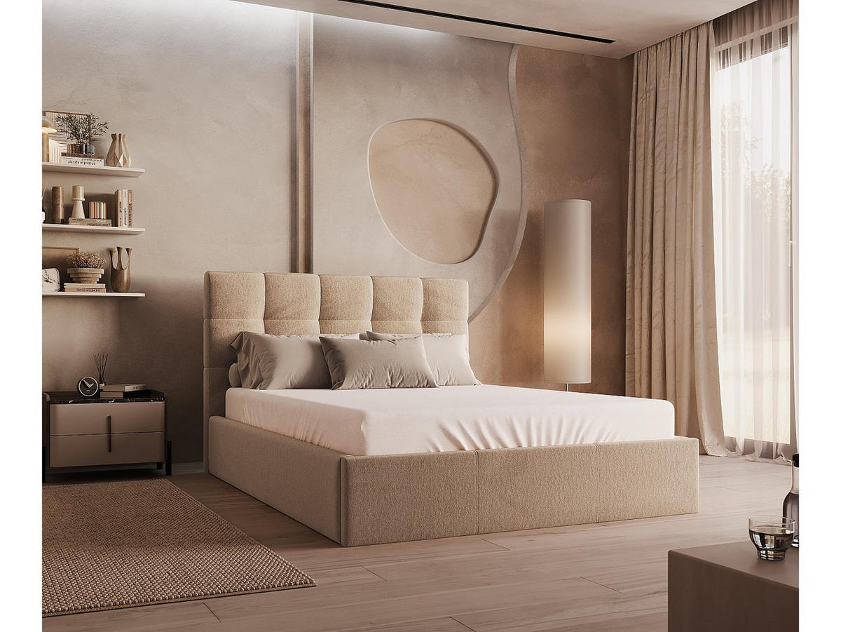 BETT mit Bettkasten - 2 Personen - Samt, Stoff - Beige - - Beige, Textil (160/200cm) - Vente-Unique