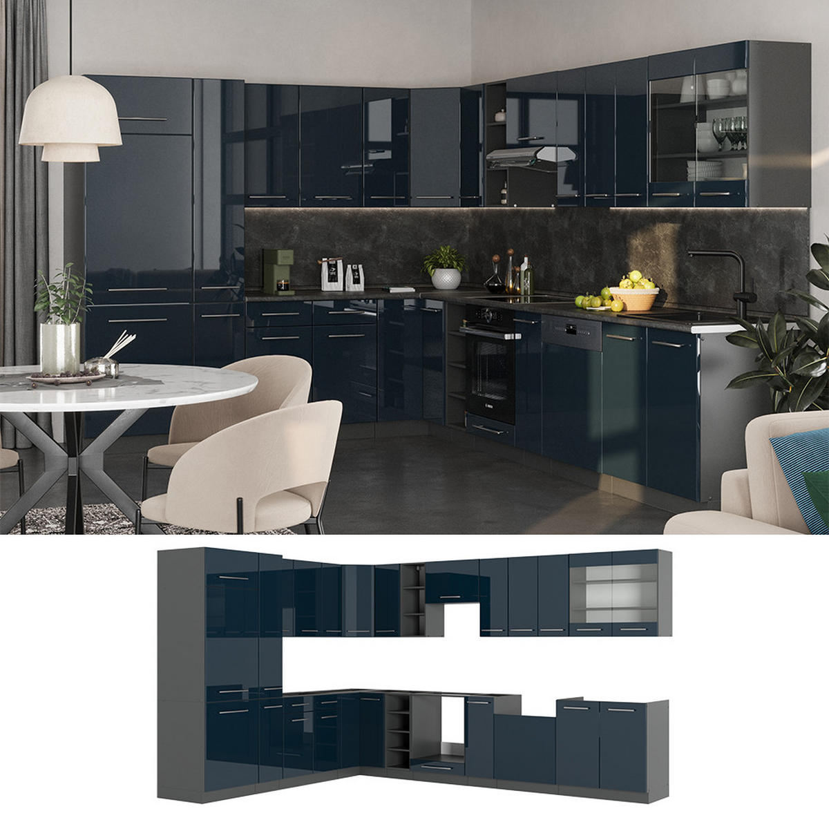 ECKKÜCHE Fame-Line Dunkelblau Hochglanz/Anthrazit 257 x 60 cm AP Marmor - Anthrazit/Dunkelblau, Holzwerkstoff (347/81.6/60cm) - Vicco