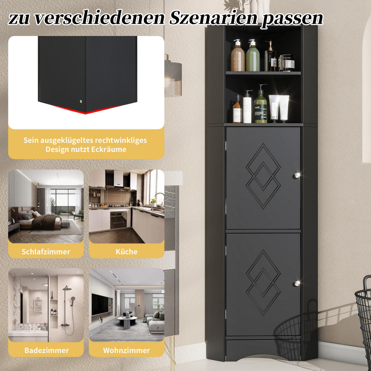 HOCHSCHRANK,BADSCHRANK Schwarz mit Türen offenen Fächern - Schwarz, Holz (36/155/36cm) - PARAFTA HOME