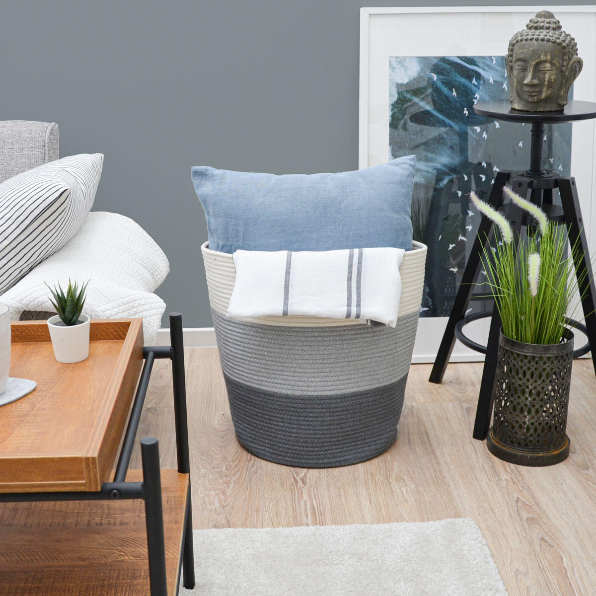 BAUMWOLL-WÄSCHEKORB 50 Liter Ø38x46 cm Grau - Grau, Textil (46/46/38cm) - Dunedesign