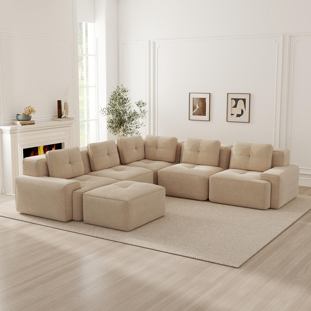 WOHNLANDSCHAFT DE-34424 mit Ottoman und Cordstoff Beige - Beige, Textil (295/69/295cm) - ComfortXL