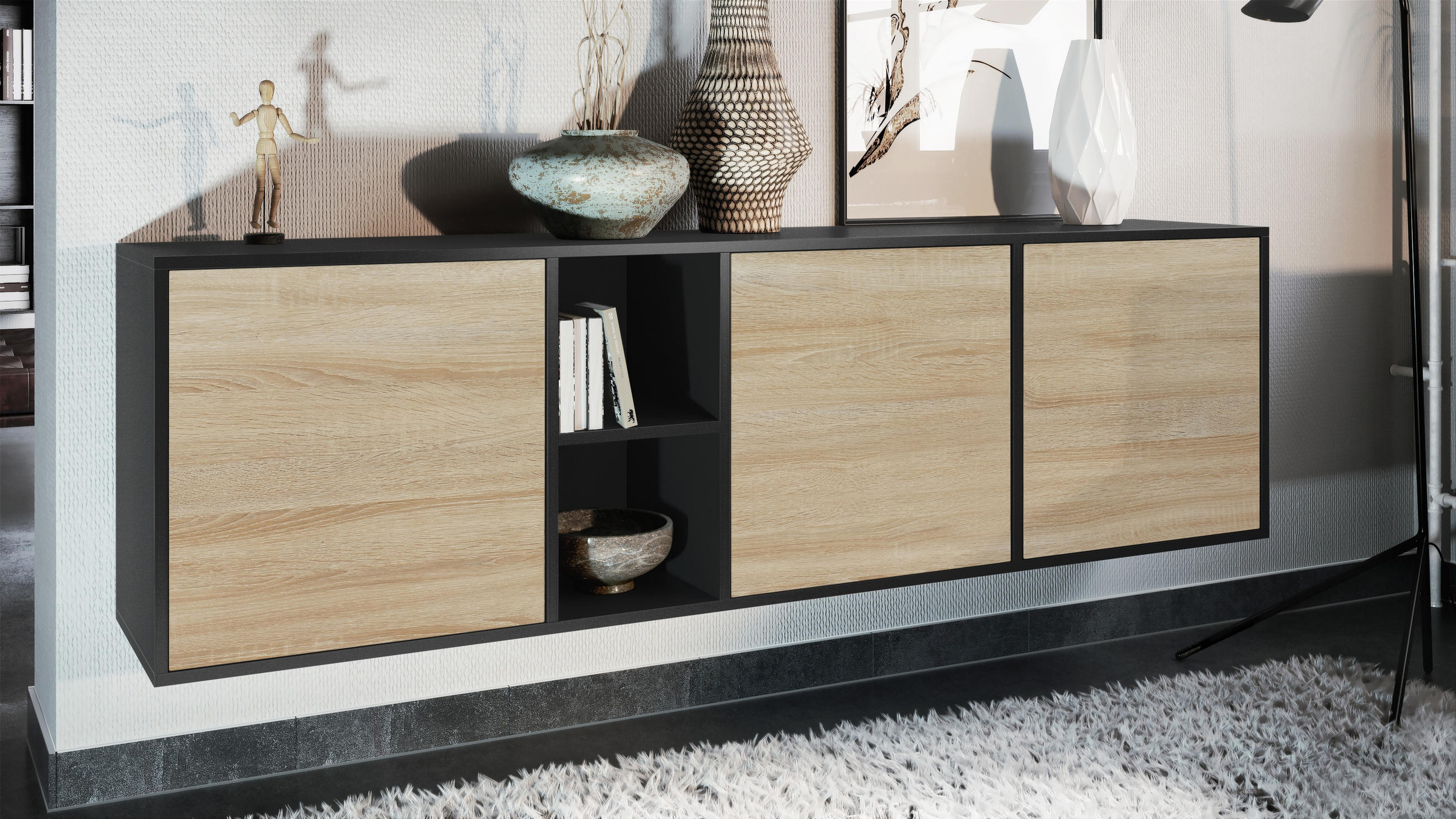 SIDEBOARD Cuba Türen in Eiche sägerau - Eiche San Remo, Holzwerkstoff (182/53/35cm) - Vladon