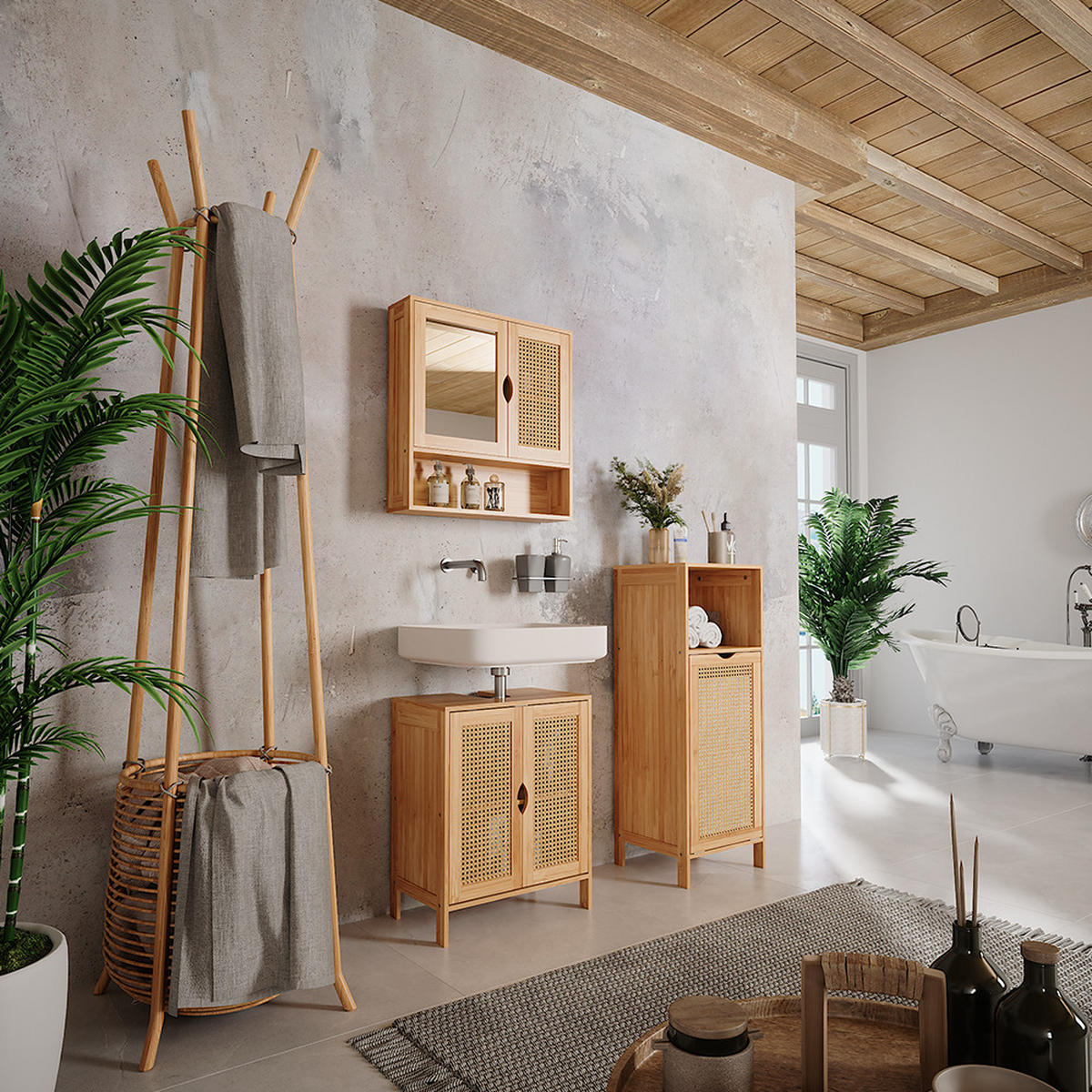 BADSCHRANK Liora Bambus 36 x 98 cm - Grün, Holzwerkstoff (36/98/33cm) - Vicco