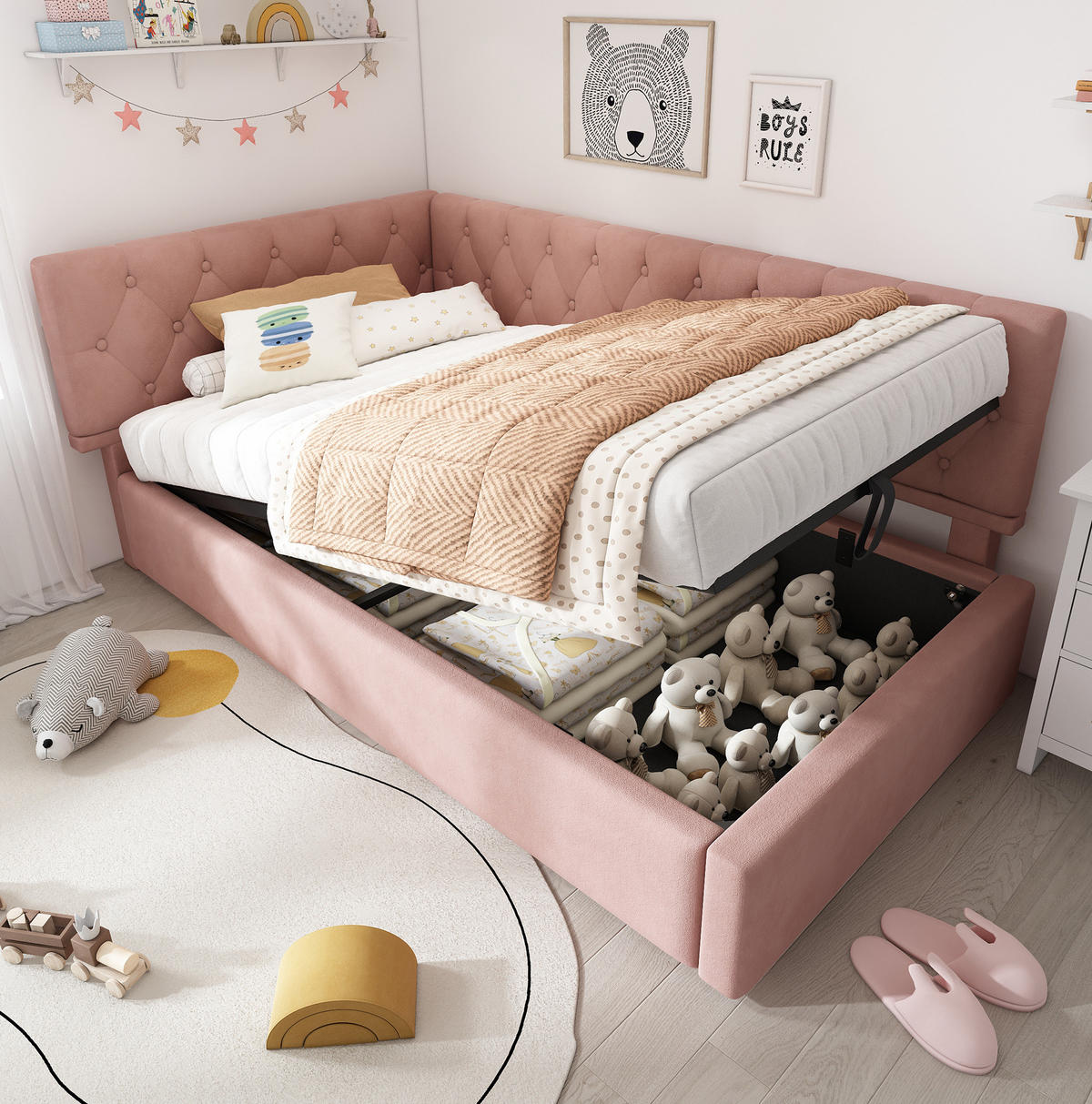 POLSTERBETT 90/200 cm in Rosa aus Samt mit Bettkasten - Pink, Textil (90/200cm) - Flora Grace